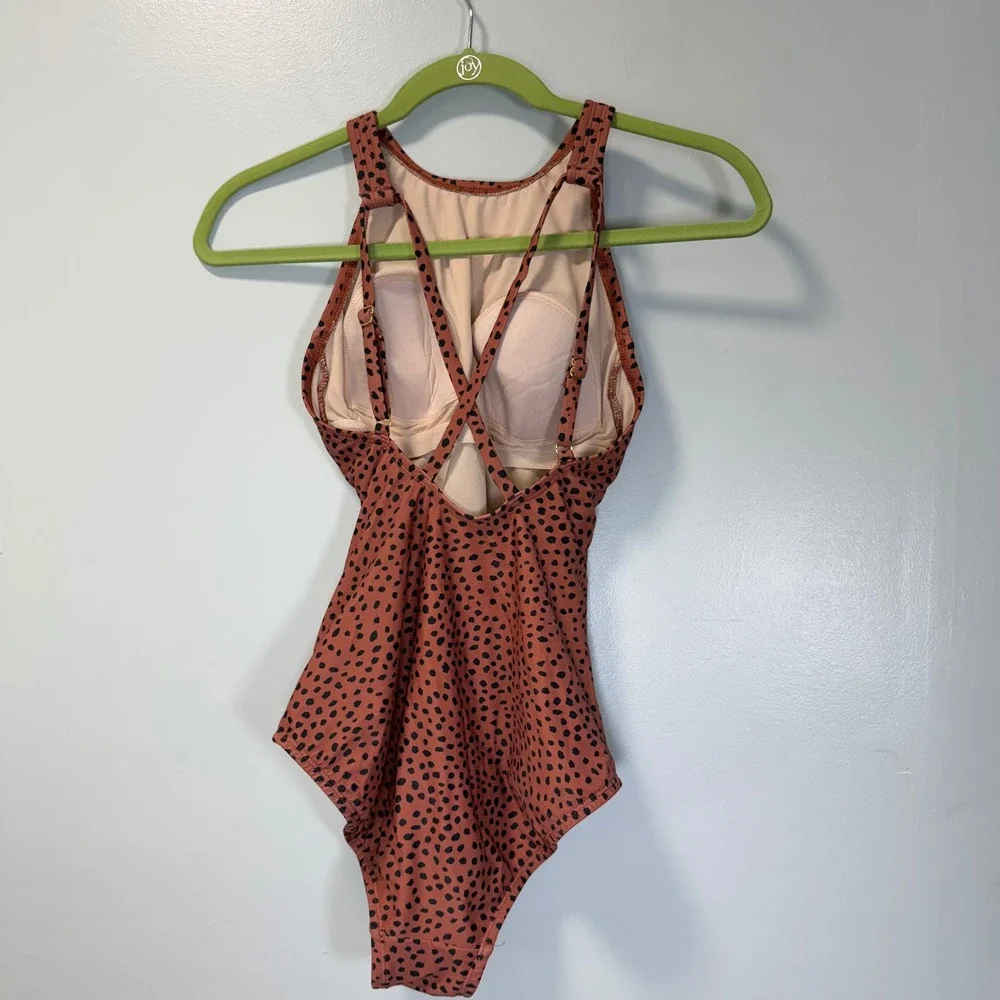Kona‎ Sol Womens Rust Orange Spotted Animal Print High Neck One Piece Swimsuit S